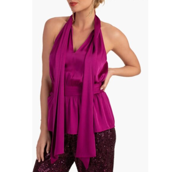 Trina Turk 'Eris' Sleeveless Silk-Blend Tie-Neck Halter Top, Festive Fuchsia - Picture 2 of 3
